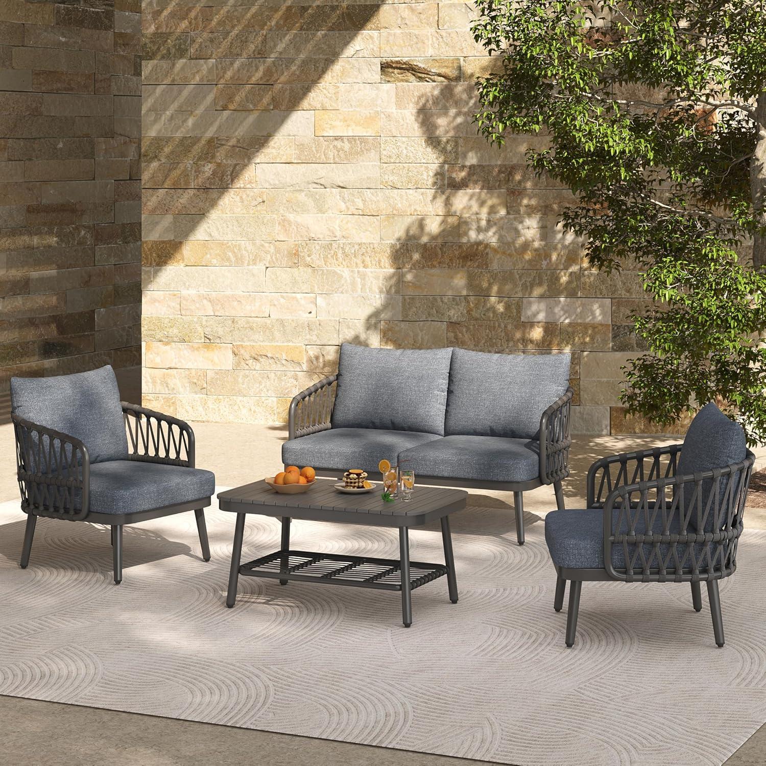 image:imageChristopher Knight Home Lena Patio Conversation Set Two Club Chairs Rope Woven Loveseat Metal Frame Armchair Rectangular Coffee Table Outdoor Side Table and Chair Set for Backyard BlackGrayBlackgray