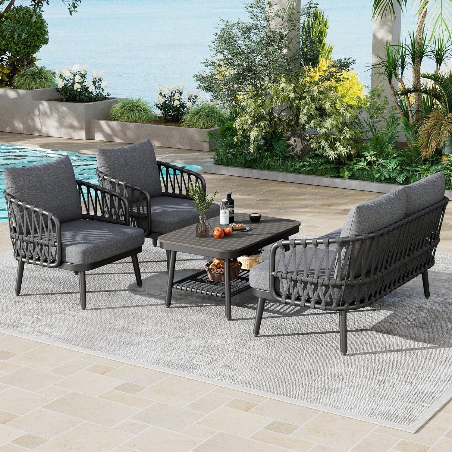 image:imageChristopher Knight Home Lena Patio Conversation Set Two Club Chairs Rope Woven Loveseat Metal Frame Armchair Rectangular Coffee Table Outdoor Side Table and Chair Set for Backyard BlackGrayBlackgray
