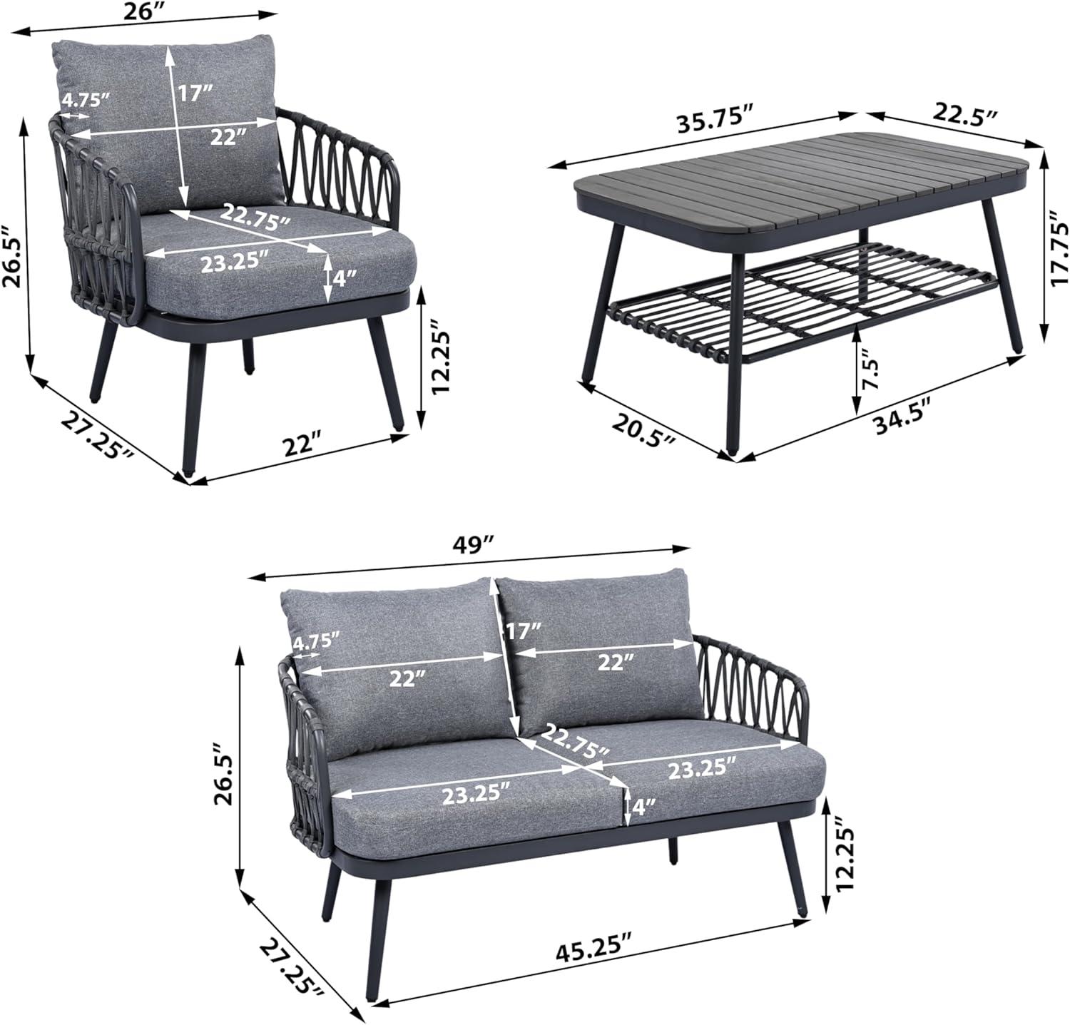 image:imageChristopher Knight Home Lena Patio Conversation Set Two Club Chairs Rope Woven Loveseat Metal Frame Armchair Rectangular Coffee Table Outdoor Side Table and Chair Set for Backyard BlackGrayBlackgray