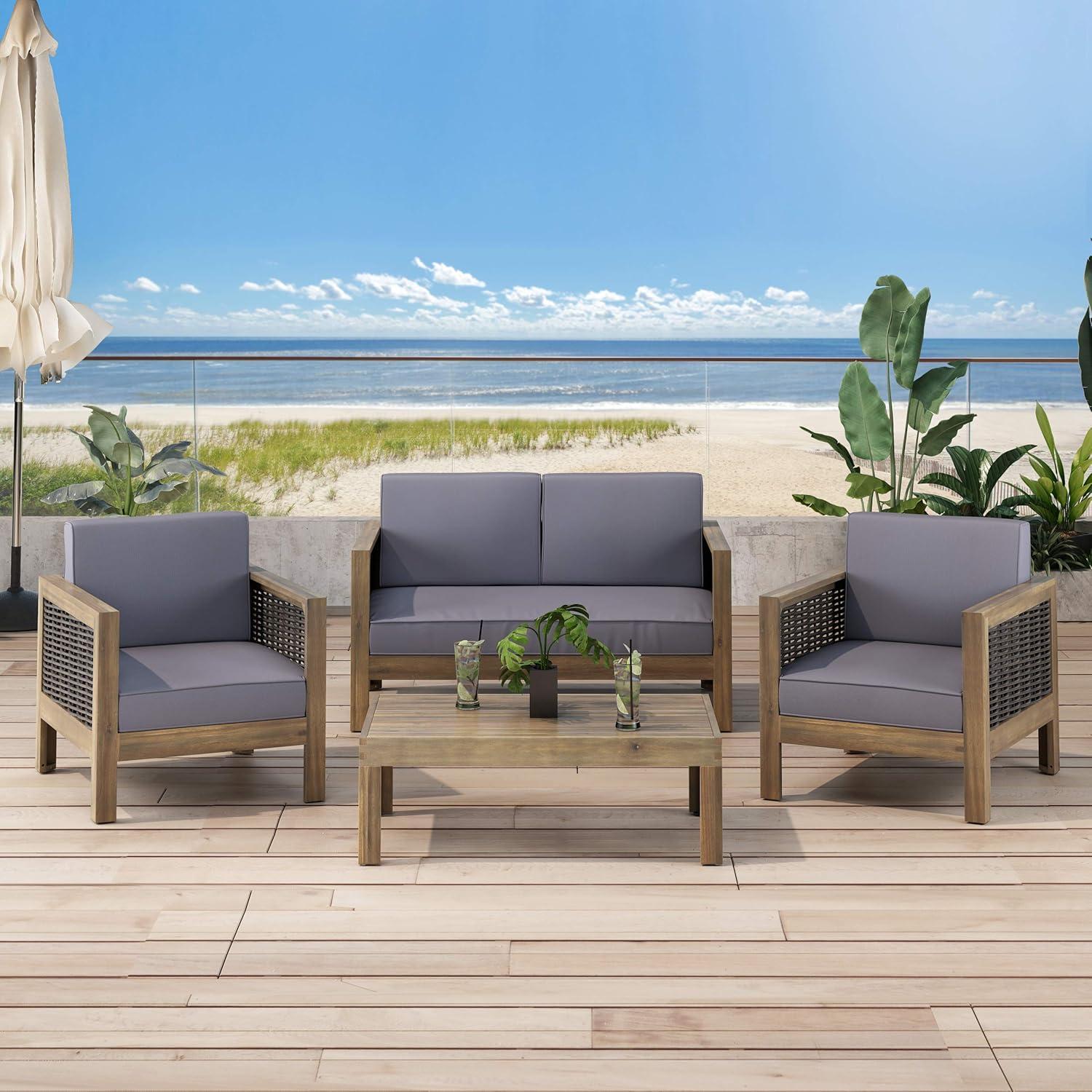 image:imageChristopher Knight Home Lucine Outdoor 4 Seater Acacia Wood Chat Set with Wicker Accents Gray Finish Mixed Gray Dark GrayGray Finish Mixed Gray Dark Gray