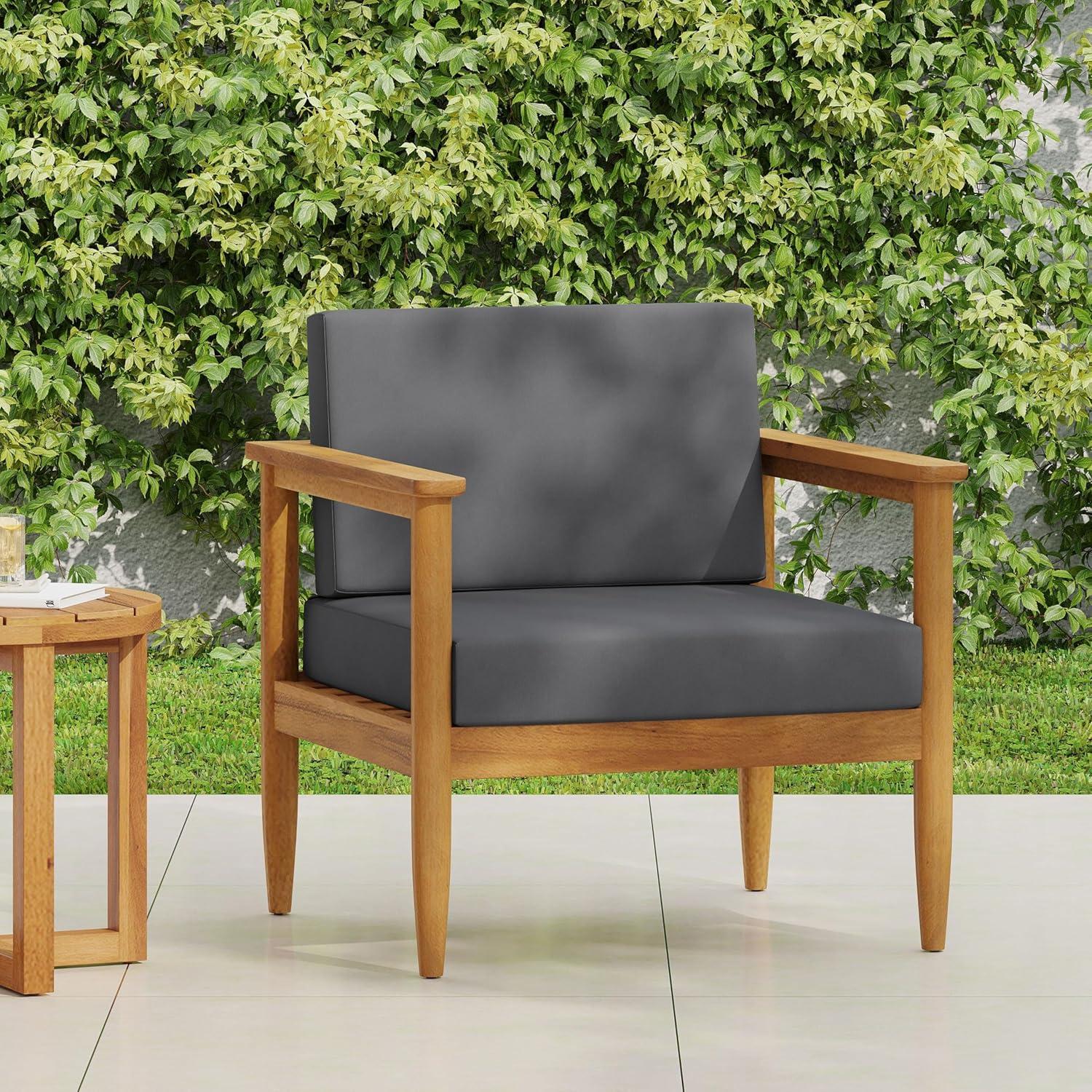 image:imageChristopher Knight Home Magnolia Patio Acacia Wood Club Chair with WaterResistant Cushions Outdoor Lounge Chair Slat Panel Design Sunbathe Armchair for GardenPorchBalcony TeakDark Gray