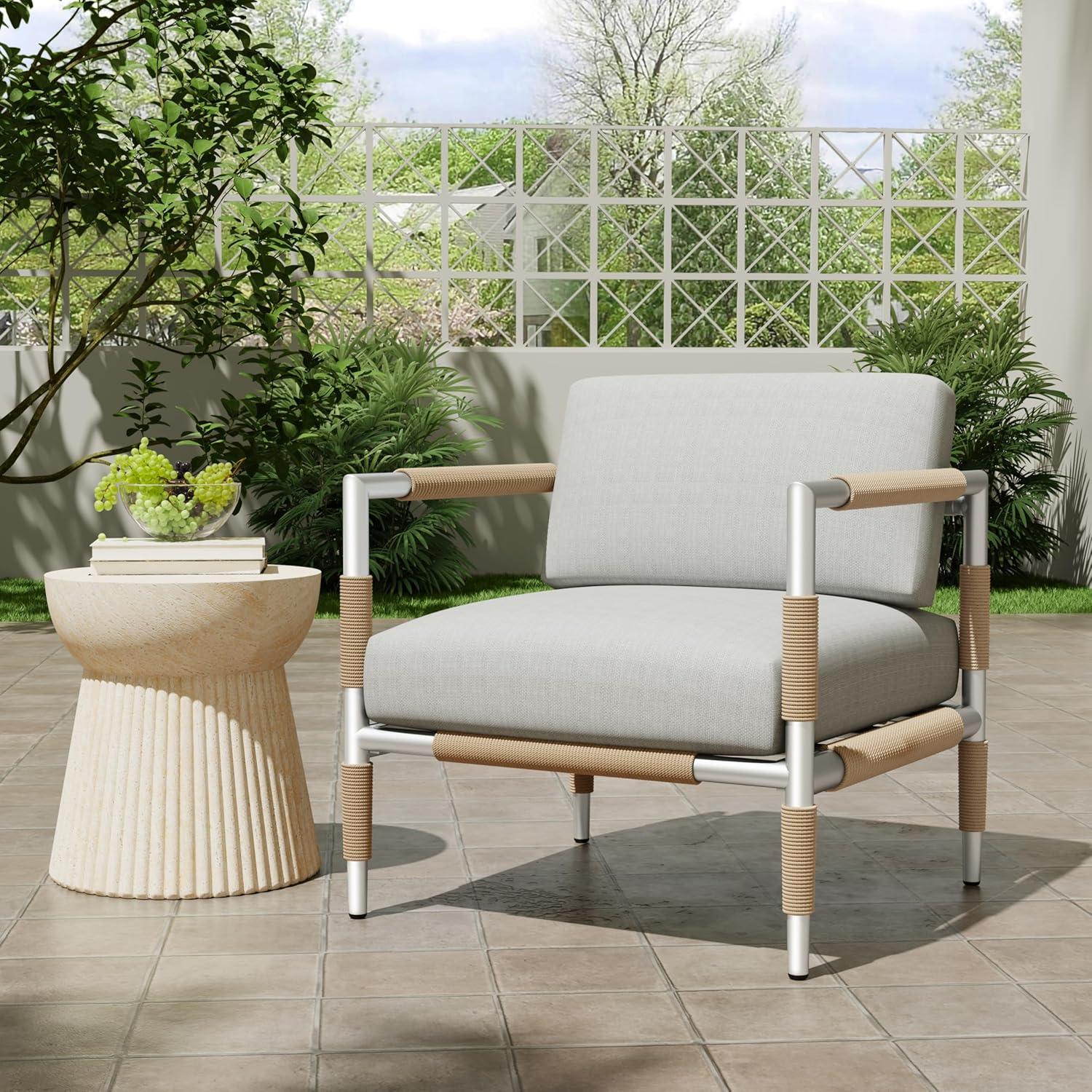 image:imageChristopher Knight Home Oriana Patio Garden Aluminum Frame Club Chair Outdoor Armchair with RopeWrapped ArmrestBackrest and Removable Cushions Comfy Lounge Chair for PoolsideBalcony Light Gray
