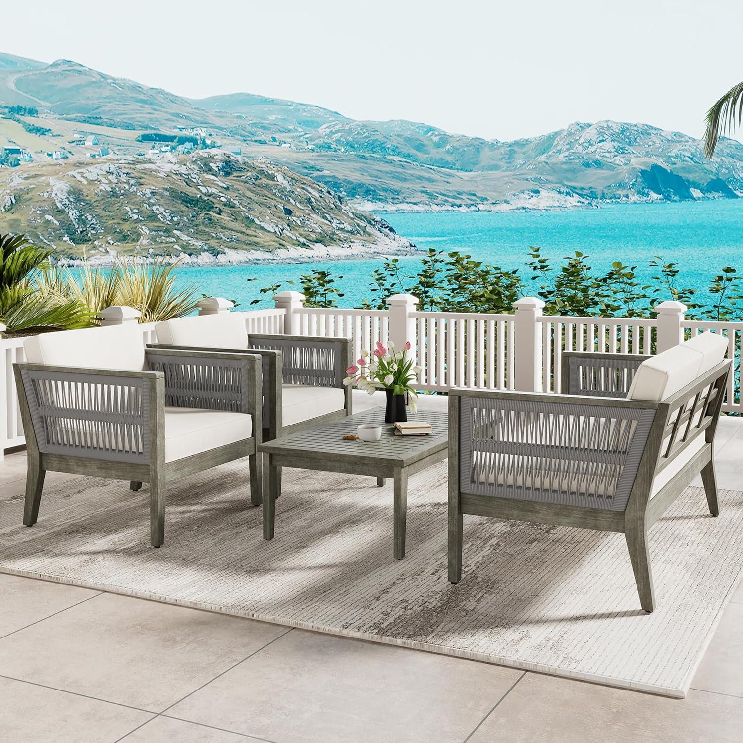 image:imageChristopher Knight Home Outdoor Acacia Wood Patio Set 4Pieces Patio Conversation Set Outdoor Furniture with Coffee Table Patio Deep Seating with Cushion Porch Chairs for Garden GreyBeige