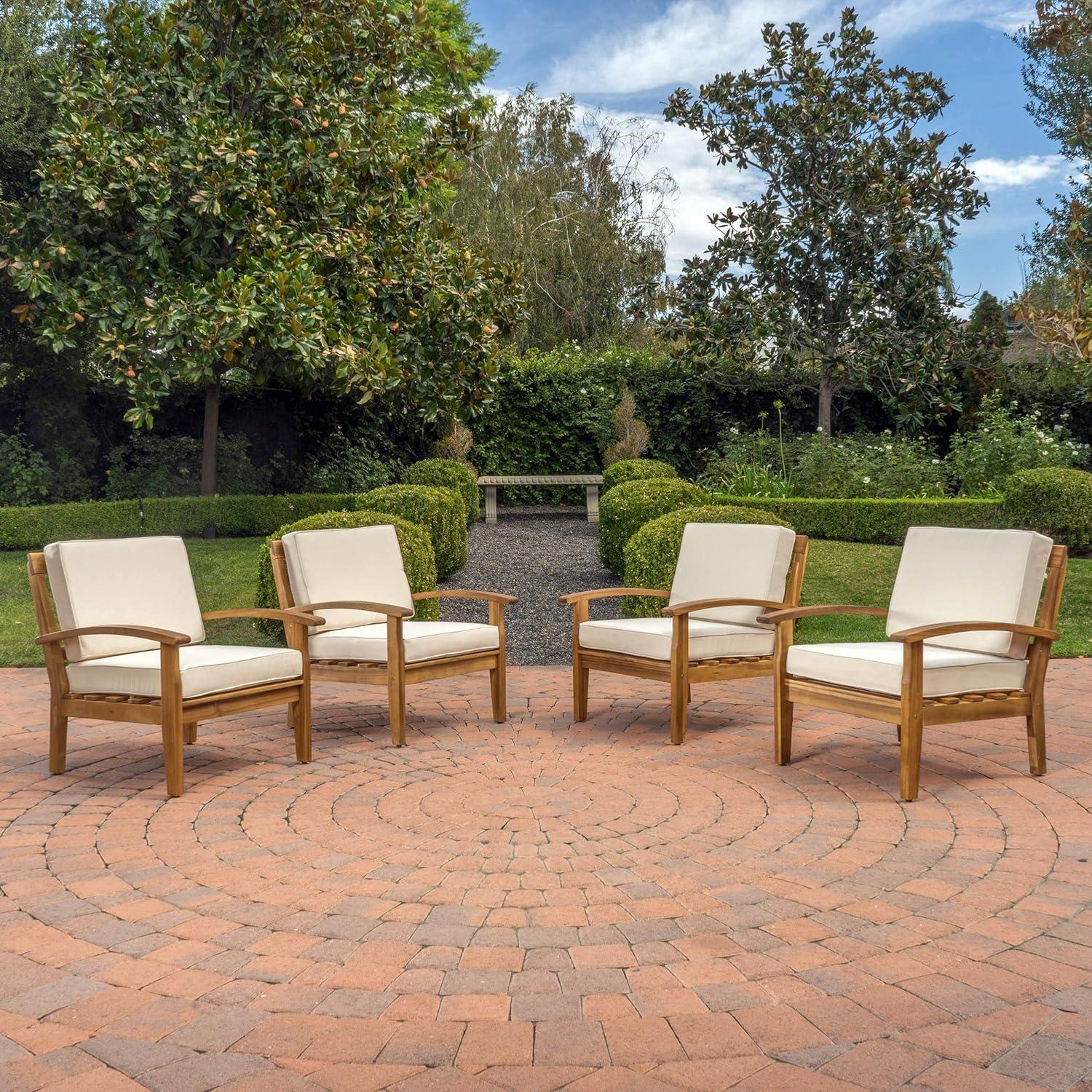 image:imageChristopher Knight Home Peyton Outdoor Wooden Club Chairs with Cushions 4Pcs Set Teak Finish Beige