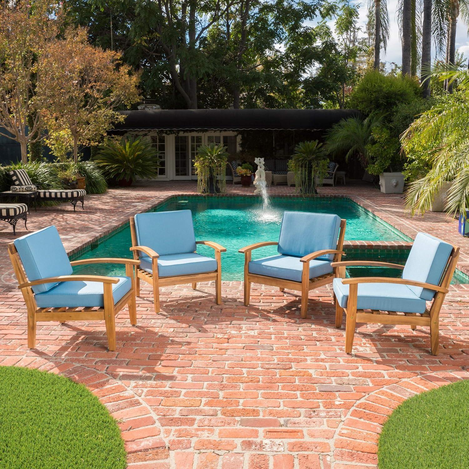 image:imageChristopher Knight Home Peyton Outdoor Wooden Club Chairs with Cushions 4Pcs Set Teak Finish Blue