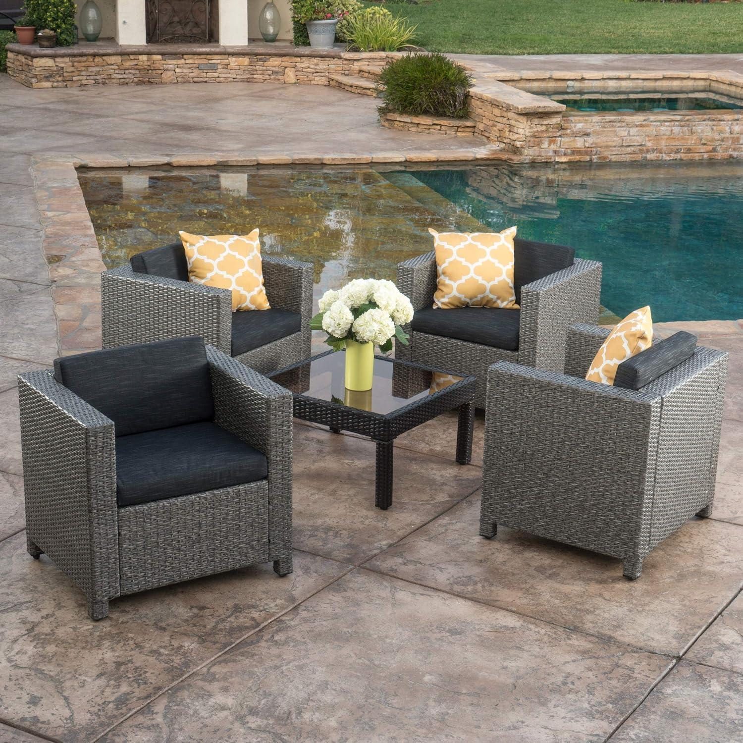 image:imageChristopher Knight Home Puerta Outdoor Club Chairs with Water Resistant Cushions 4Pcs Set Mix Black Dark Gray