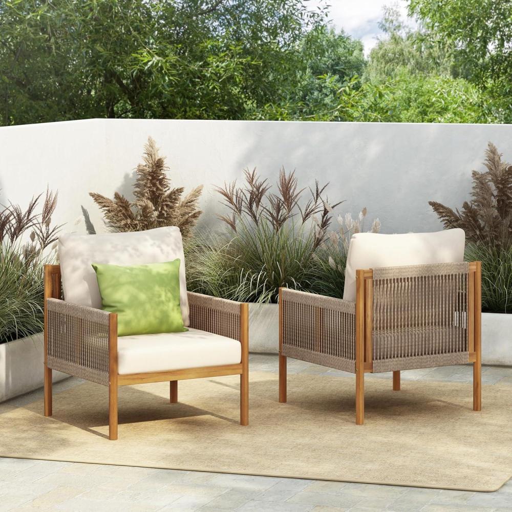 image:imageChristopher Knight Home Barris Lounge Chair Outdoor Set of 2 Patio Accent Chair Comfy Reading Extra Seat Wooden FrameRope WovenRemovable Cushion for GardenBackyardBalconyPoolsideTeakBeigeTeakbeigeSet of 2