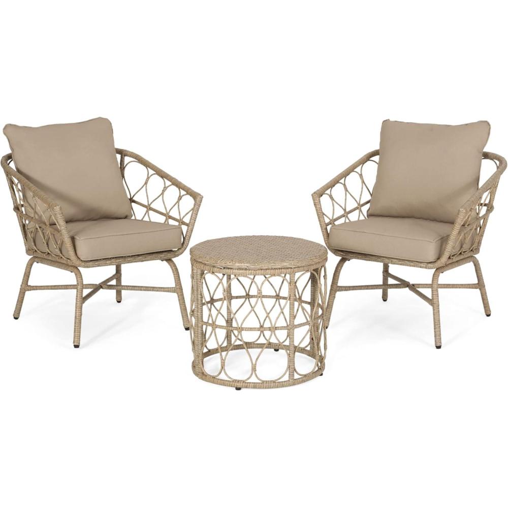 image:imageChristopher Knight Home Bruce Outdoor 3 Piece Chat Set with Cushion Wicker Light BrownBeige
