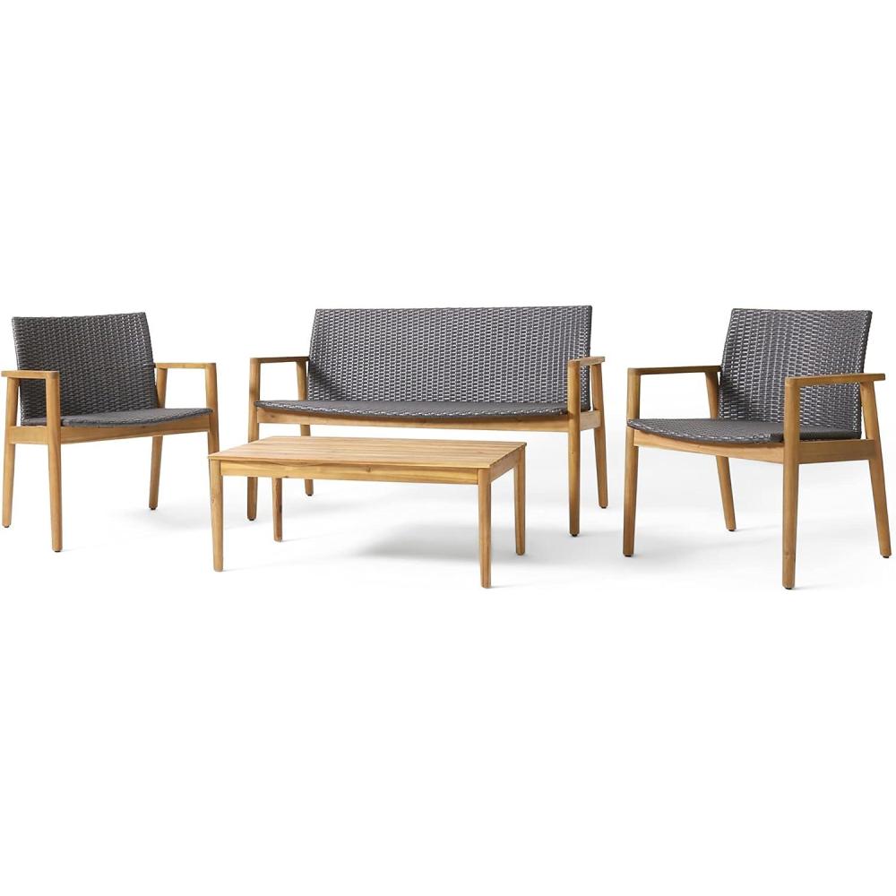 image:imageChristopher Knight Home Bryan Outdoor 4 Seater Chat Set Wicker and Acacia Wood GrayTeak