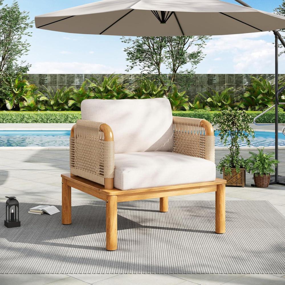 image:imageChristopher Knight Home Coby Patio Acacia Wood and Rope Weave Accent Chair Outdoor Lounge Chair with Cushion Deep Seating Garden Armchair Comfy Reading Chair Single Sofa Club Chair TeakBeige