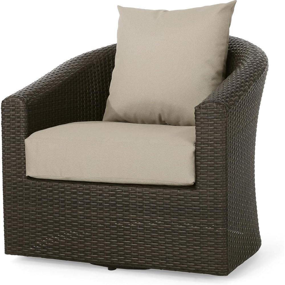 image:imageChristopher Knight Home Darius Outdoor Aluminum Framed Wicker Swivel Chair with Water Resistant Cushions Mix Brown Mix Khaki