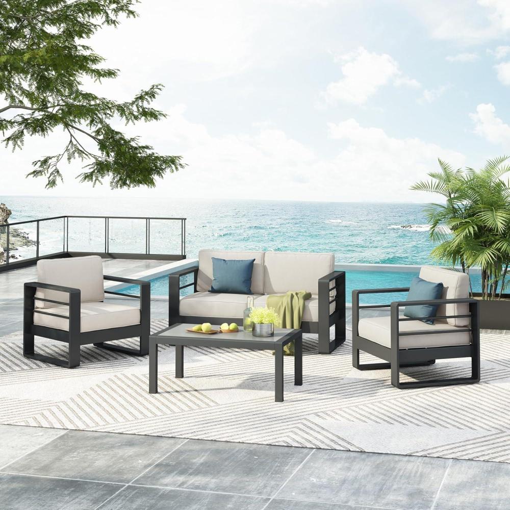image:imageChristopher Knight Home Dessa Patio Conversation Set Aluminum Club Chair and Loveseat Rectangular Coffee Table Stable Aluminum Frame 4 Seater Set Conversation Set for Yard Balcony BlackBeige