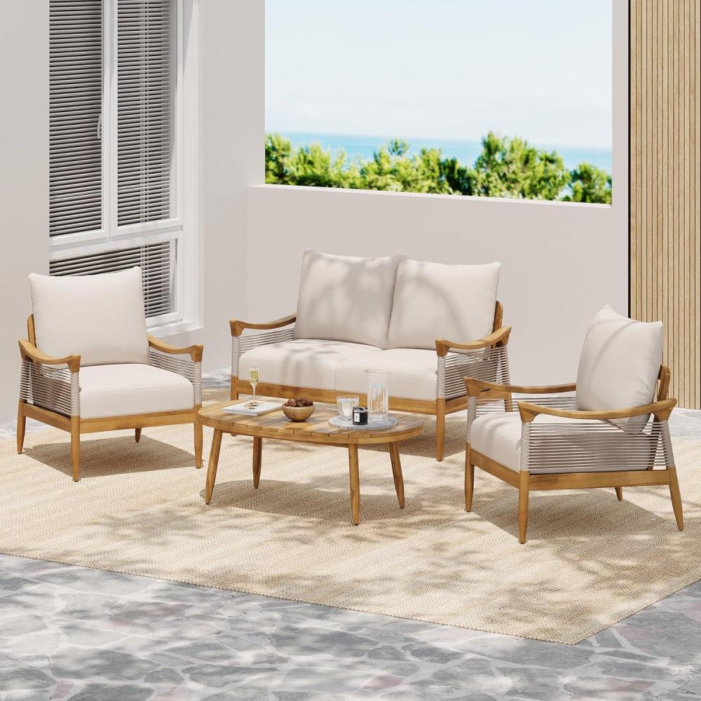 image:imageChristopher Knight Home Havets 4 Piece Patio Conversation Sets Outdoor Acacia Wood Patio Seating GroupWoven Rope Loveseat Chairs with Cushions and Coffee Table for Porch Backyard Balcony TeakBeigeTeakbeige 4 Pcs Set