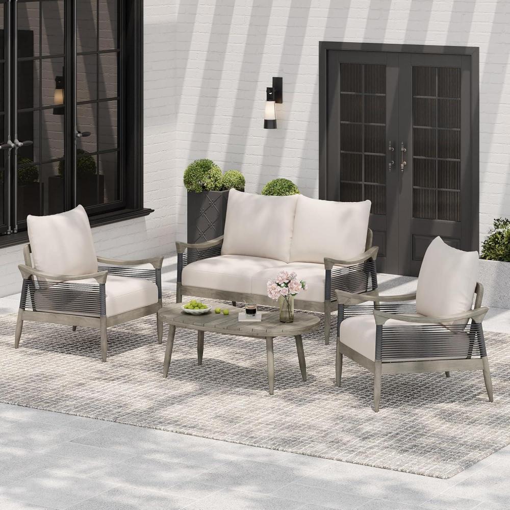 image:imageChristopher Knight Home Havets 4 Piece Patio Conversation Sets Outdoor Acacia Wood Patio Seating GroupWoven Rope Loveseat Chairs with Cushions and Coffee Table for Porch Backyard Balcony TeakBeigeGraybeige 4 Pcs Set