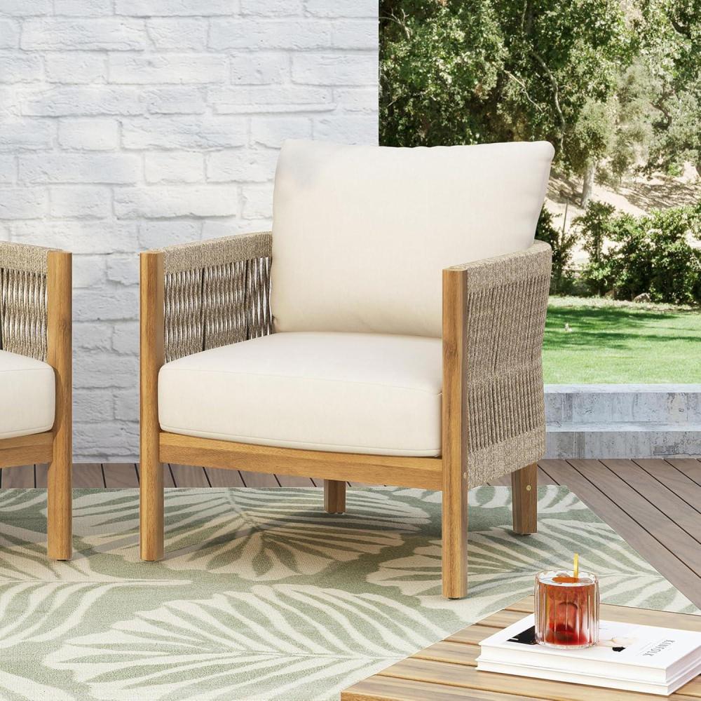 image:imageChristopher Knight Home Havets Patio Accent Chair Acacia Wood Club Chair Woven Rope Open Back Armchair 6 Thick Cushion Outdoor Comfort Seating Single Sofa for Backyard Garden Poolside GrayBeigeTeakbeige