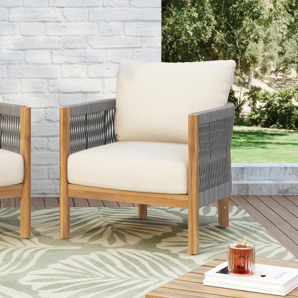image:imageChristopher Knight Home Havets Patio Accent Chair Acacia Wood Club Chair Woven Rope Open Back Armchair 6 Thick Cushion Outdoor Comfort Seating Single Sofa for Backyard Garden Poolside GrayBeigeGraybeige