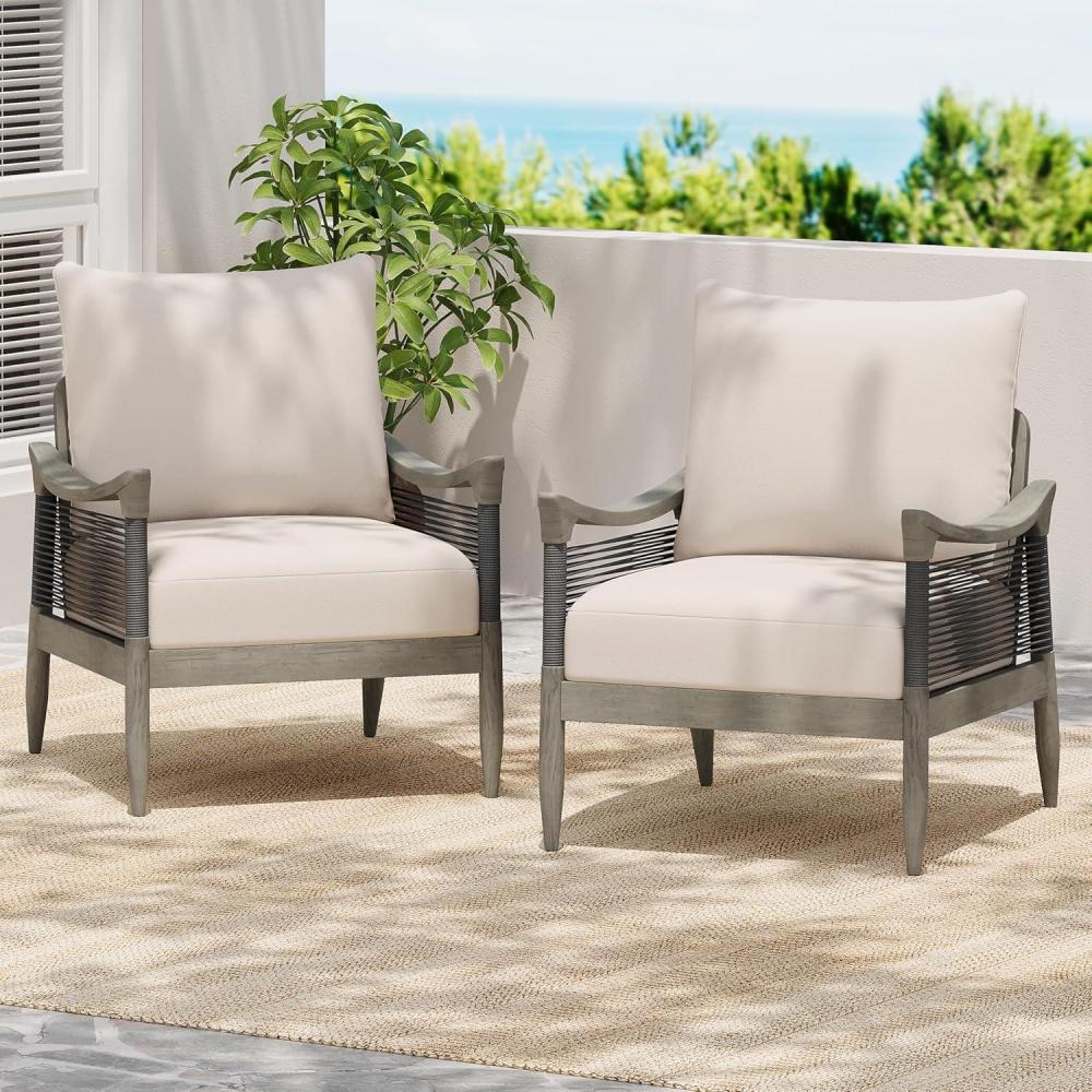 image:imageChristopher Knight Home Havets Set of 2 Patio Acacia Wood Club Chair with Woven Rope Outdoor Armchair WaterRepellent Thick Cushion Deep Seating for Porch Garden Backyard Balcony TeakBeigeGraybeige