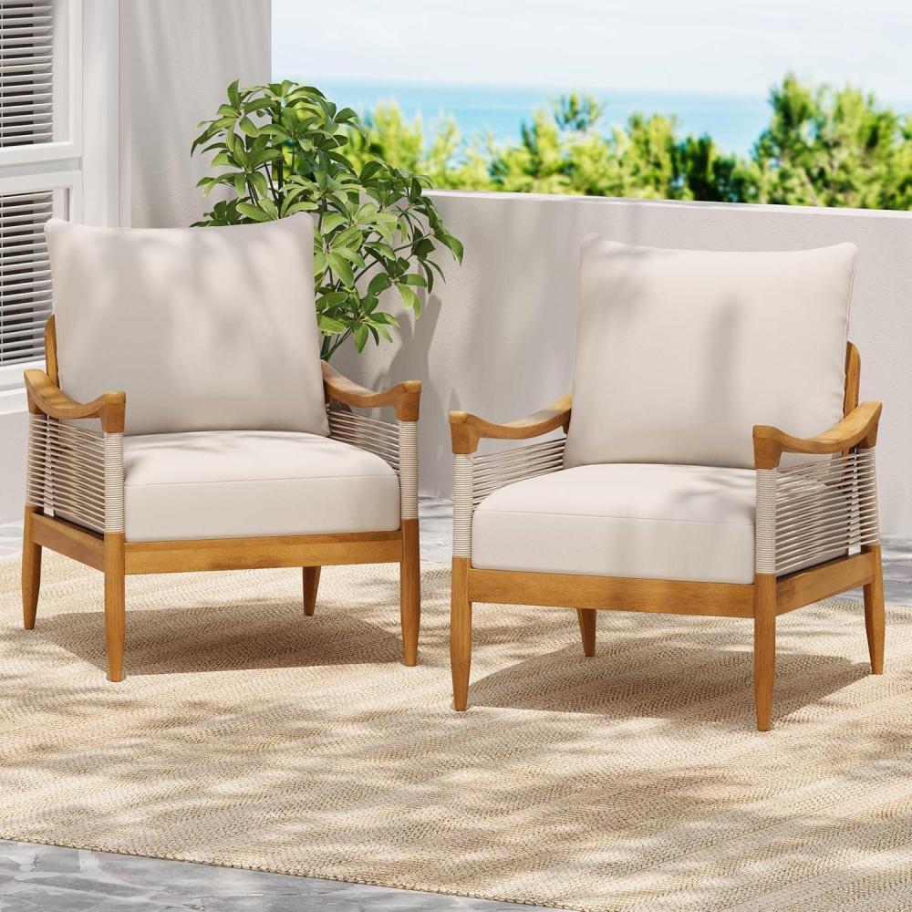 image:imageChristopher Knight Home Havets Set of 2 Patio Acacia Wood Club Chair with Woven Rope Outdoor Armchair WaterRepellent Thick Cushion Deep Seating for Porch Garden Backyard Balcony TeakBeigeTeakbeige