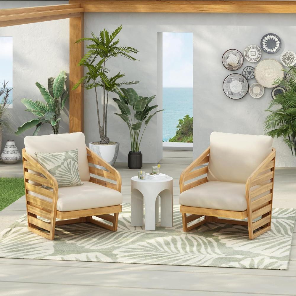 image:imageChristopher Knight Home Haya Wood Club Patio Chair Set of 2 Acacia Wood Accent Chairs with Cushions Open Arm Outdoor Lounge Seating Sofa Side Chairs for Balcony Backyard Garden Poolside TeakBeigeTeak Beige slat Arm