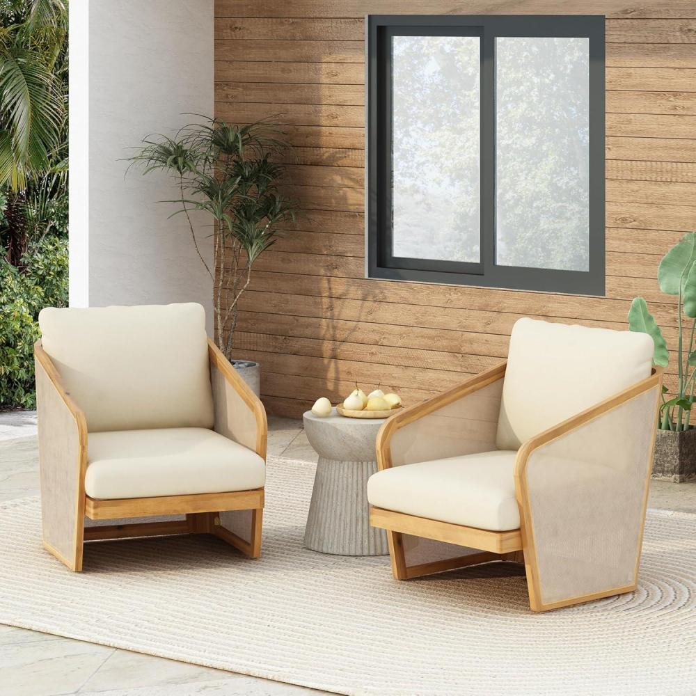image:imageChristopher Knight Home Haya Wood Club Patio Chair Set of 2 Acacia Wood Accent Chairs with Cushions Open Arm Outdoor Lounge Seating Sofa Side Chairs for Balcony Backyard Garden Poolside TeakBeigeTeak Beige mesh Arm