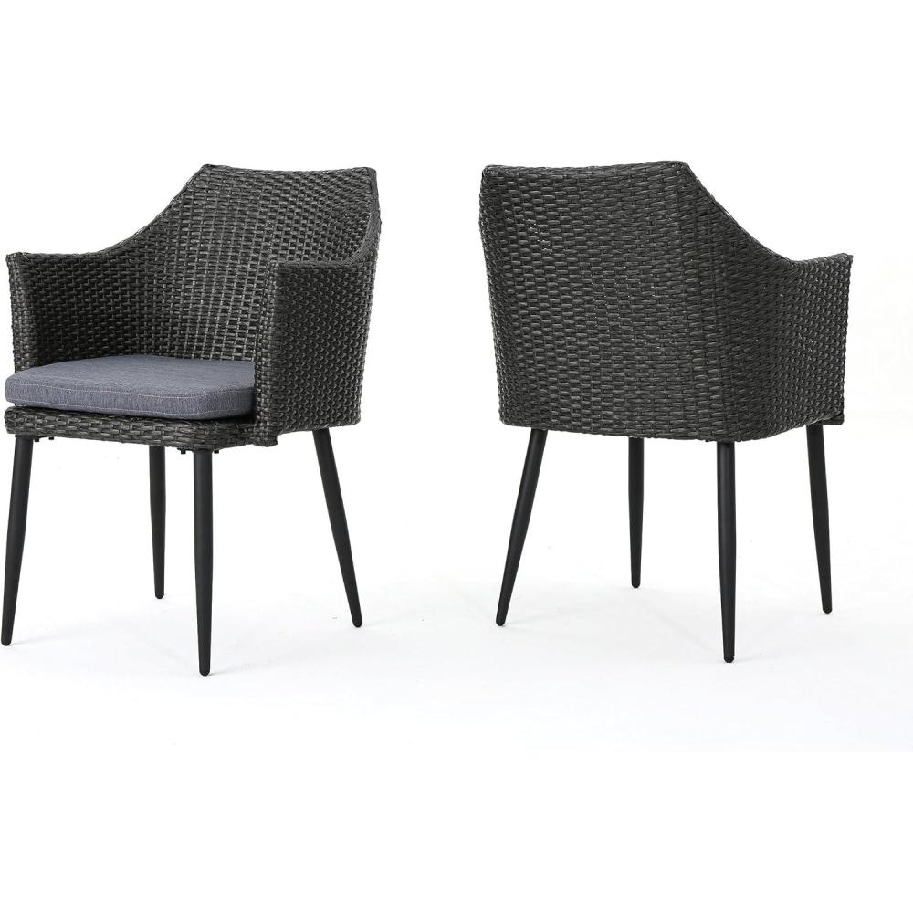 image:imageChristopher Knight Home Iona Outdoor Wicker Dining Chairs with Metal Legs and Water Resistant Cushions 2Pcs Set Grey Mixed Black Black