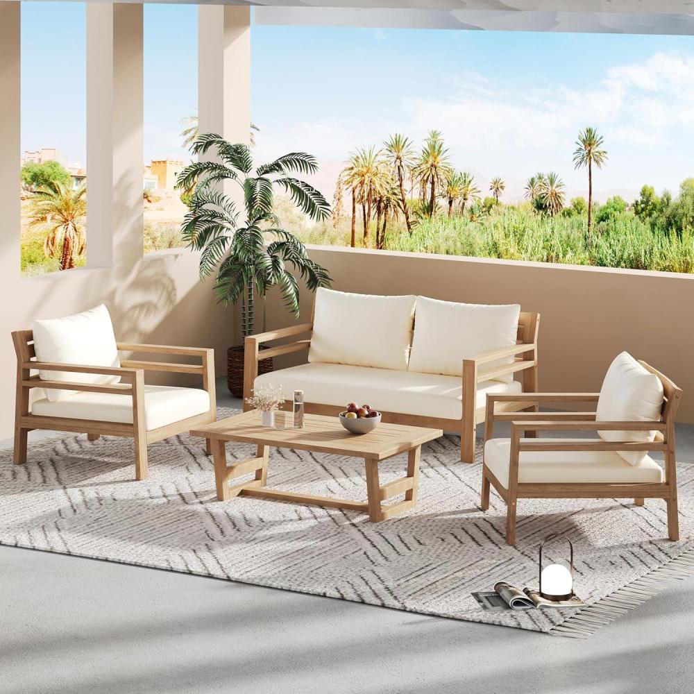 image:imageChristopher Knight Home Jamaia 4 Pieces Acacia Furniture Set Patio Conversation Chat 2Seat Sofa Set with Coffee Table Outdoor Loveseat Chair Set for Garden Porch Backyard Balcony Light TeakBeigeLight Teakbeige 4 Pcs Set