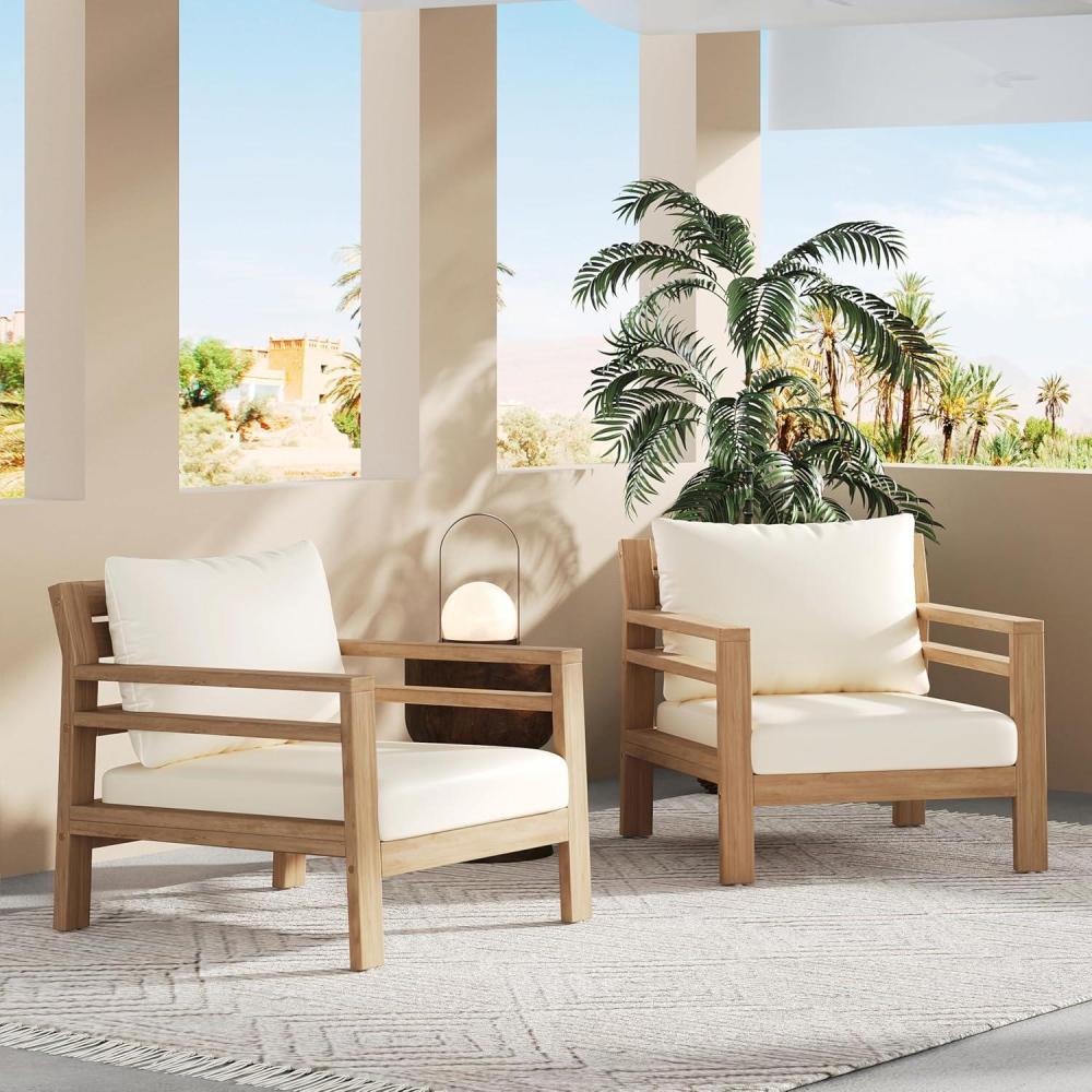 image:imageChristopher Knight Home Jamaia Outdoor Acacia Wood Club Chair Set of 2 Patio Armchair with Thick Beige Cushions Deep Seating Furniture for Garden Porch Backyard Balcony Light Teak Finish BeigeLight Teakbeige set of 2