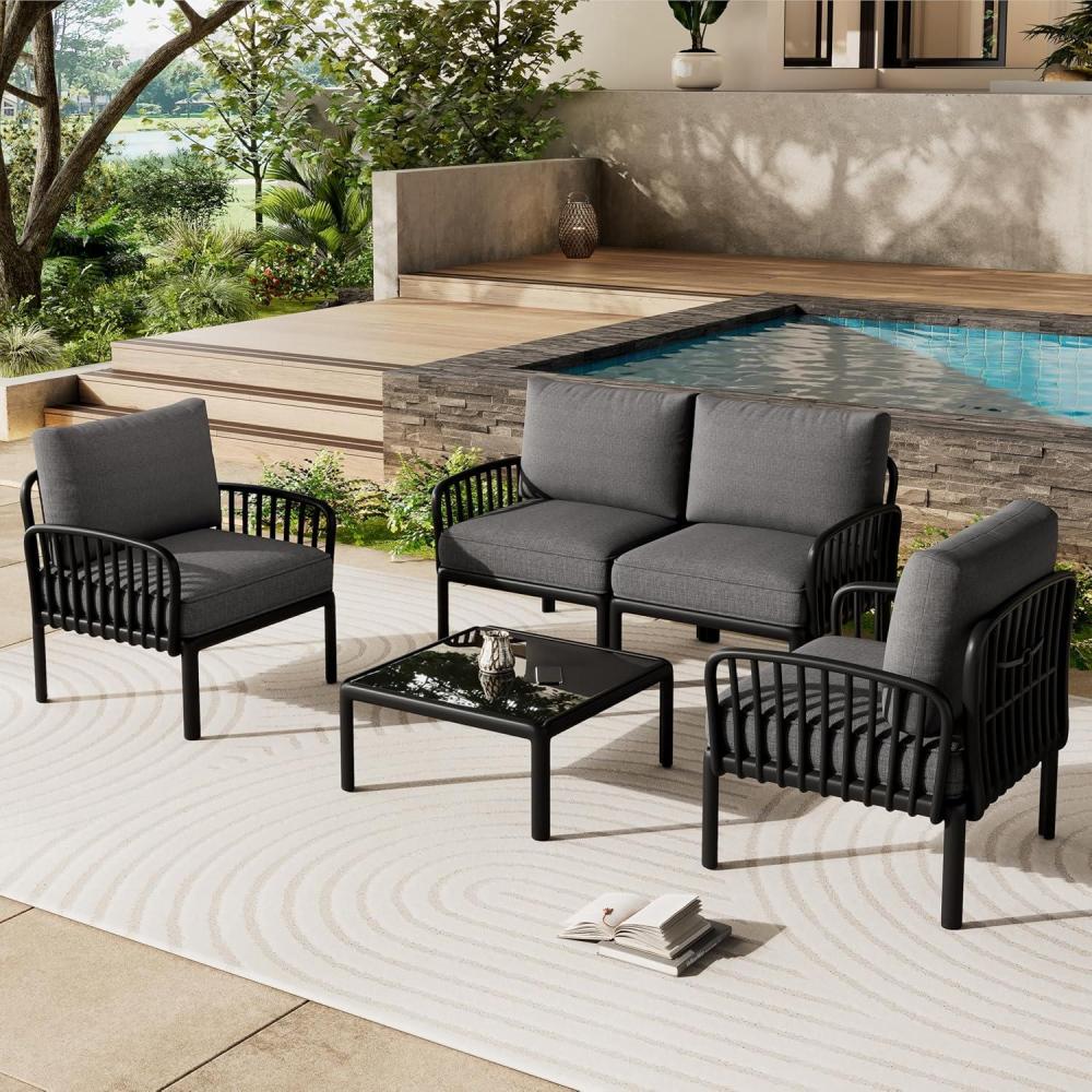 image:imageChristopher Knight Home Landon 4 Pieces Patio Conversation Set Loveseat and Coffee Table Set Accent Chairs Club Chair with Cushion Sofa Chair with Table Set for Balcony Garden BlackDark GrayBlackdark Gray