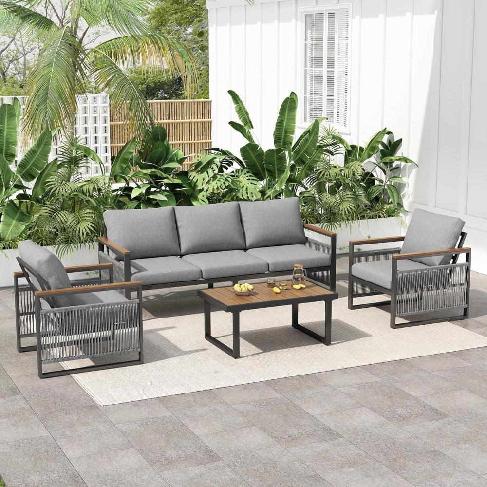 image:imageChristopher Knight Home Lena Patio 4 Pieces Conversation Set Rope Woven Club Chairs and 3 Seater Sofa Metal Frame Armchair Slat Panel Coffee Table Furniture Set for Backyard Garden Poolside Gray