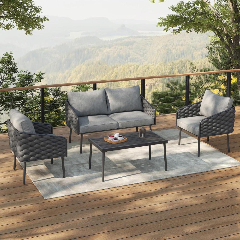 image:imageChristopher Knight Home Lena Patio Conversation Set Rope Woven Club Chairs and Loveseat Metal Frame Armchair Slat Panel Coffee Table Accent Table and Chair Set for Backyard Garden Poolside Gray