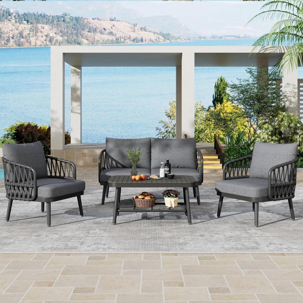 image:imageChristopher Knight Home Lena Patio Conversation Set Two Club Chairs Rope Woven Loveseat Metal Frame Armchair Rectangular Coffee Table Outdoor Side Table and Chair Set for Backyard BlackGrayBlackgray