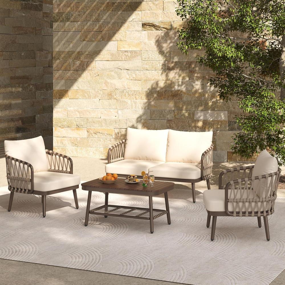 image:imageChristopher Knight Home Lena Patio Conversation Set Two Club Chairs Rope Woven Loveseat Metal Frame Armchair Rectangular Coffee Table Outdoor Side Table and Chair Set for Backyard BlackGrayBrownbeige