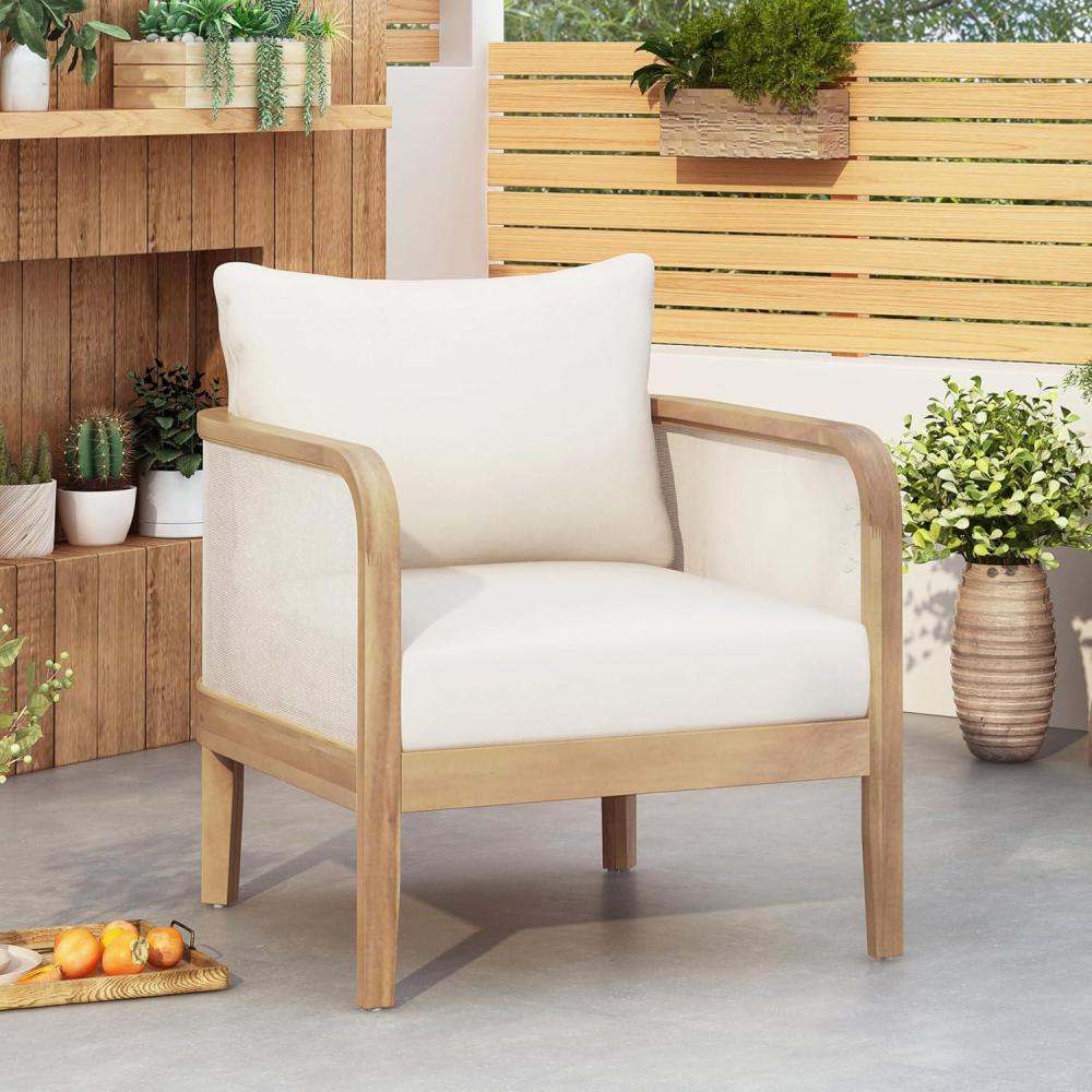 image:imageChristopher Knight Home Linksy Outdoor Club Chair Patio Arm Chair Modern Single Sofa Chair Acacia Wood Frame Club Chair with Cushions Deep Seating for Porch Garden Backyard Balcony Beige