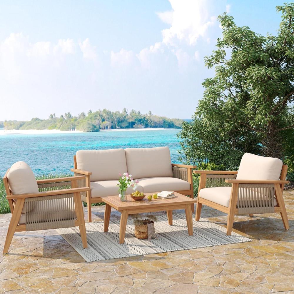 image:imageChristopher Knight Home Lorna 4Piece Acacia Wood Patio Furniture Set Outdoor Conversation Sofa Set with Club Chair and Coffee Table Patio Sectional Chat Set for BackyardBalcony TeakBeige