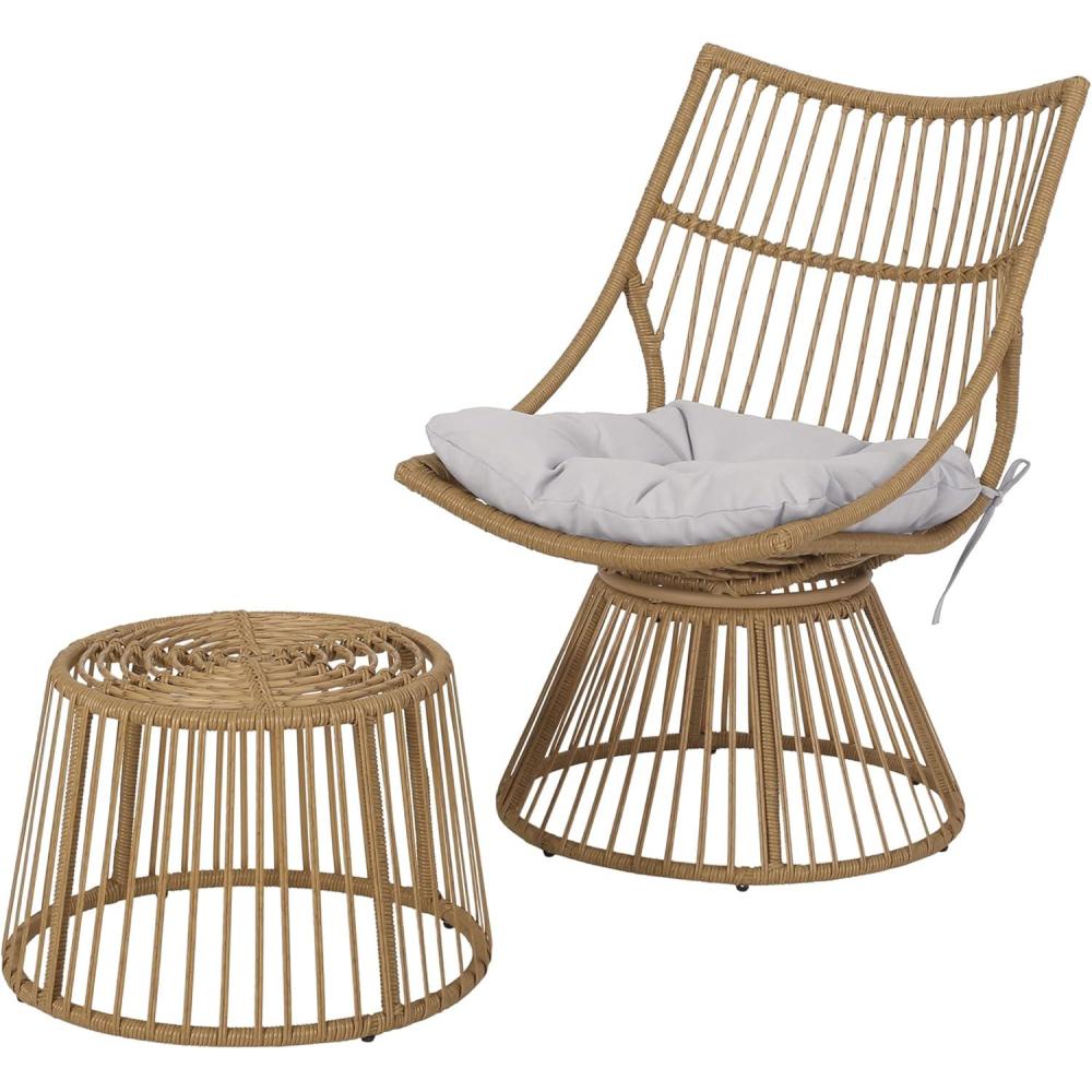 image:imageChristopher Knight Home Outdoor 2 Piece Wicker Patio Furniture Set Woven Seating Accent ChairRattan Chat Set with Club Chair Side Table and Water Resistant Cushion for Yard and Bistro Dark GreyLight Brown  Beige