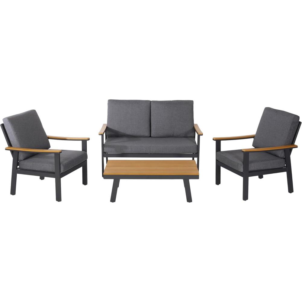 image:imageChristopher Knight Home Outdoor 4 Piece Aluminum and Faux Wood Chat Set with Cushions Gray and Gray