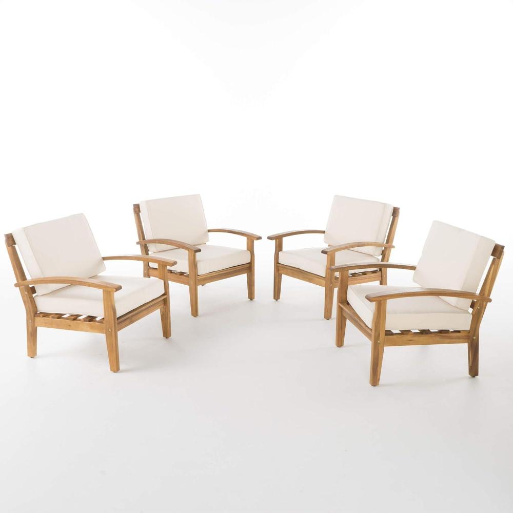 image:imageChristopher Knight Home Peyton Outdoor Wooden Club Chairs with Cushions 4Pcs Set Teak Finish Beige