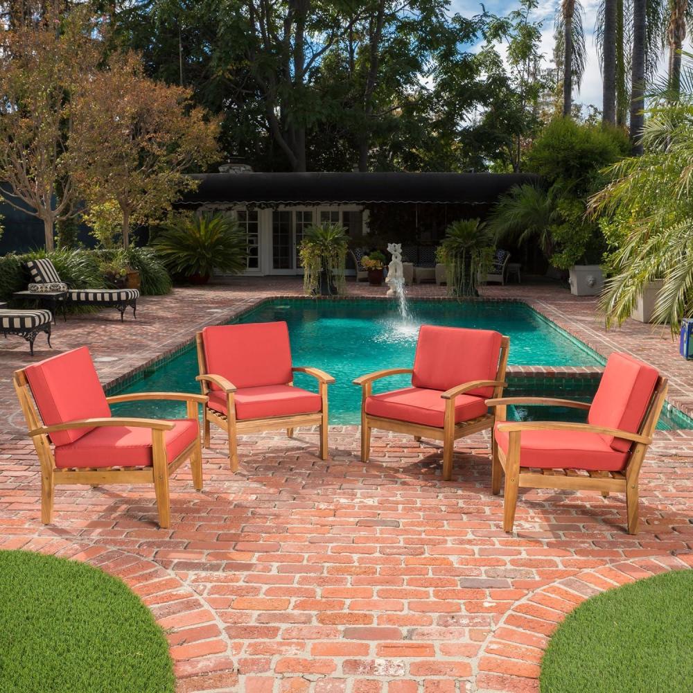 image:imageChristopher Knight Home Peyton Outdoor Wooden Club Chairs with Cushions 4Pcs Set Teak Finish Red