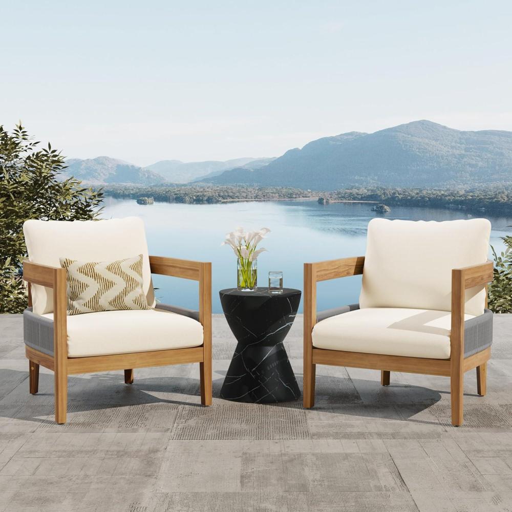 image:imageChristopher Knight Home Porto Set of 2 Outdoor Club Chair with Cushions Acacia Wood Barrel Accent Chairs Rope Design Armchair Comfy Side Chair Set for Balcony Backyard Garden Poolside Teak Beige