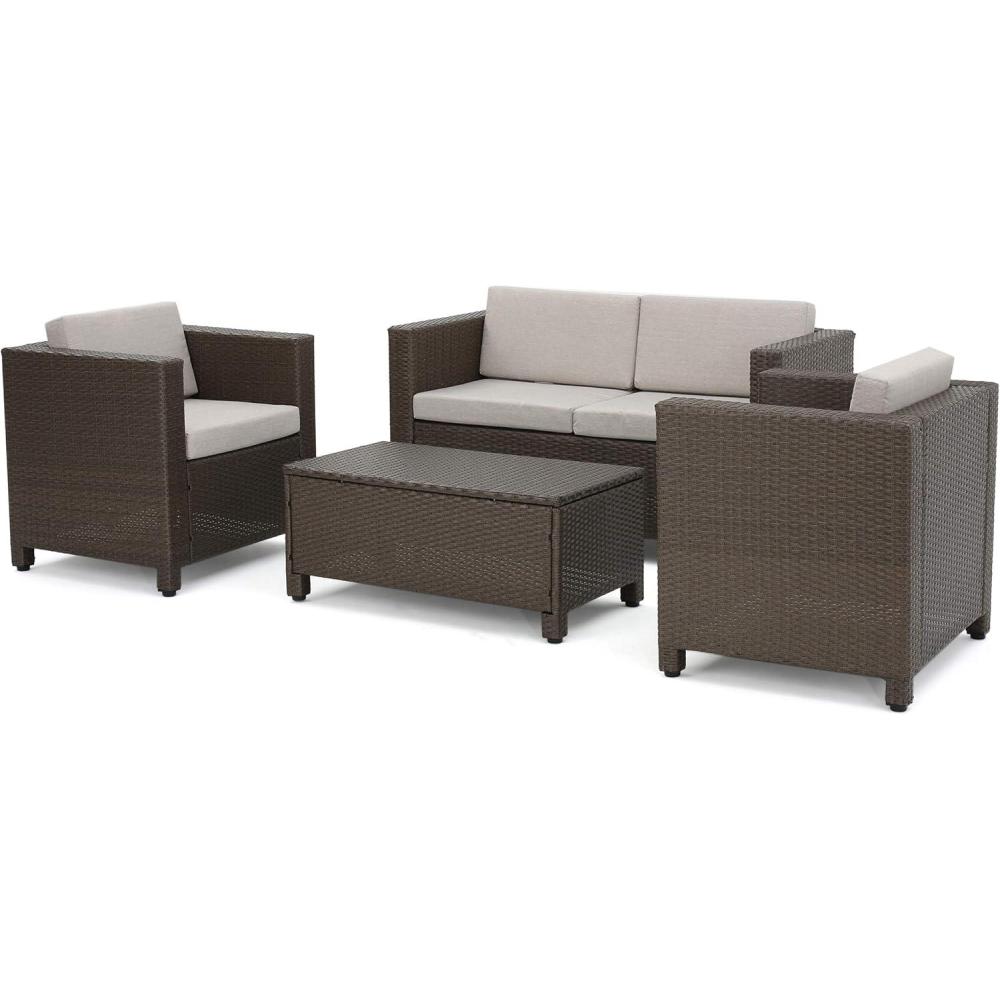 image:imageChristopher Knight Home Puerta Outdoor Wicker Chat Set 4Pcs Set Brown  Ceramic Grey