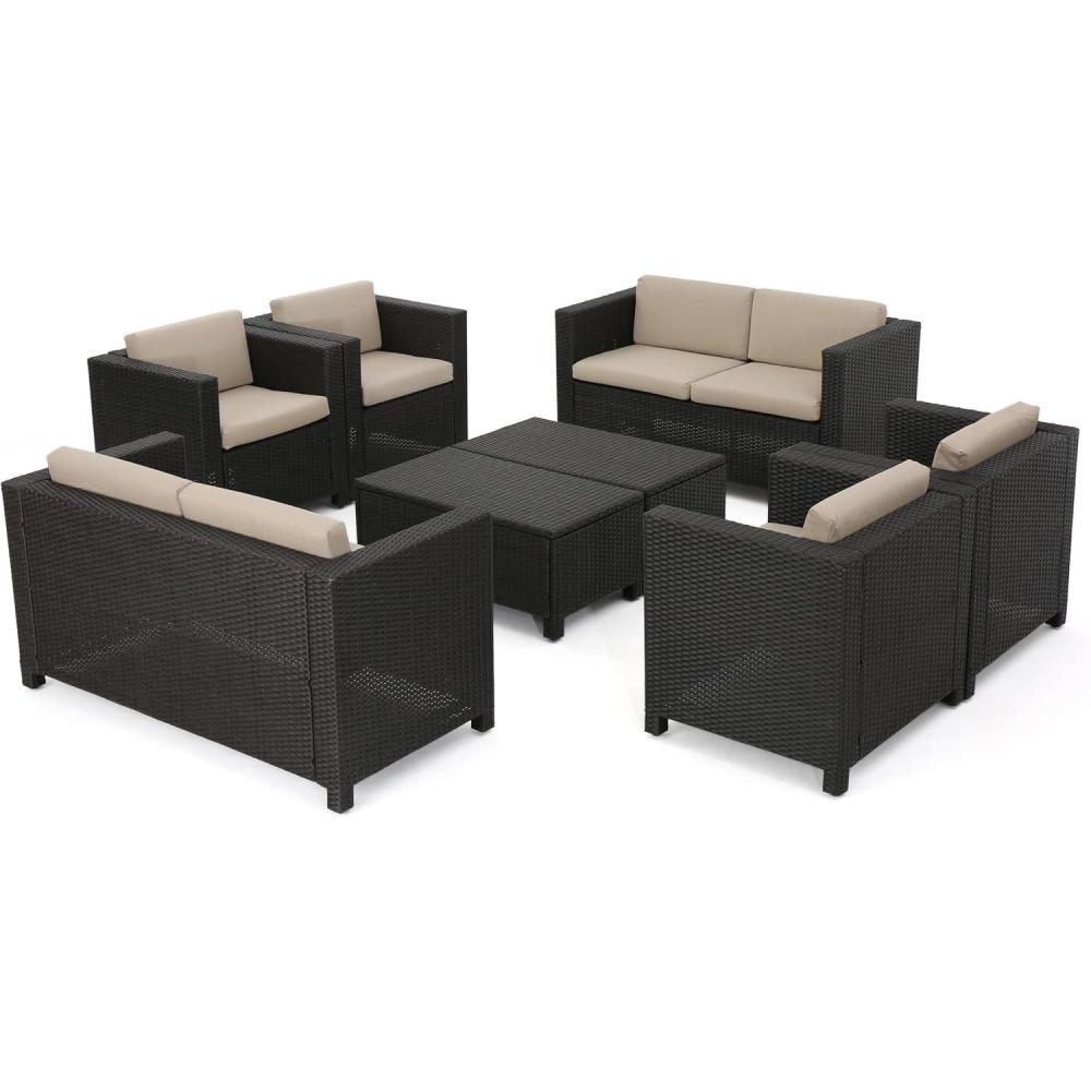 image:imageChristopher Knight Home Puerta Outdoor Wicker Chat Set with Water Resistant Cushions 8Pcs Set Dark Brown  Beige