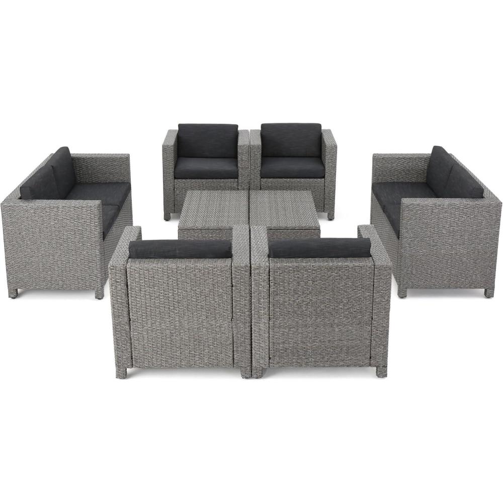 image:imageChristopher Knight Home Puerta Outdoor Wicker Chat Set with Water Resistant Cushions 8Pcs Set Mixed Black Dark Grey