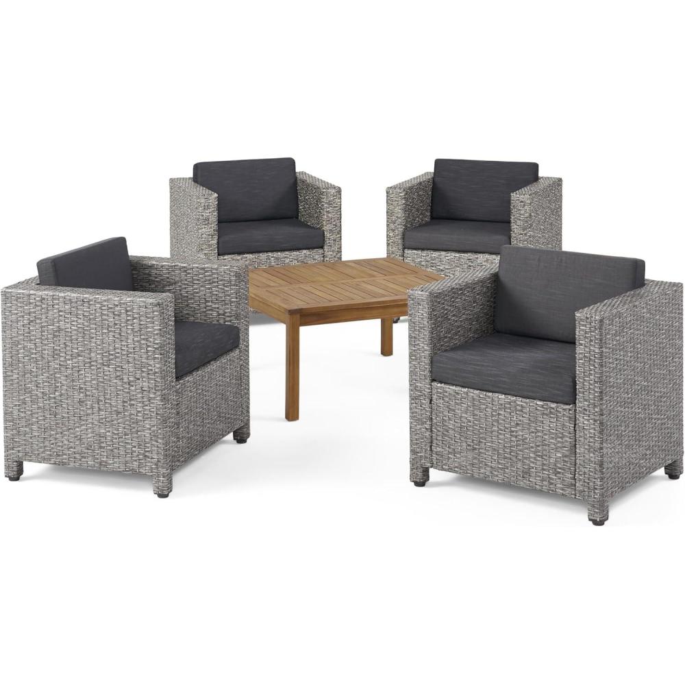 image:imageChristopher Knight Home Puerta Outdoor Wicker Club Chair Set with Acacia Wood Coffee Table 4Pcs Set Teak Finish Mix Black Dark Grey