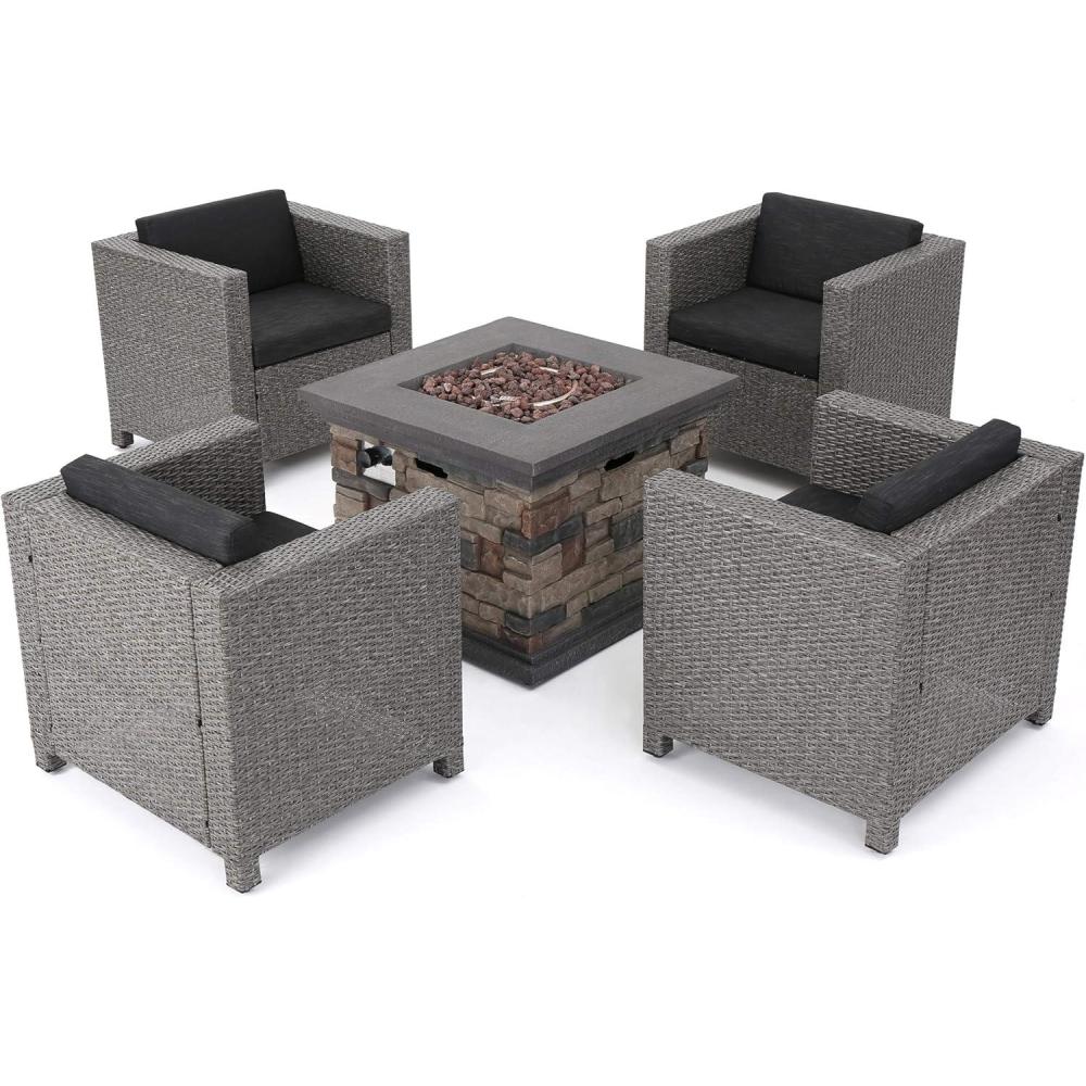image:imageChristopher Knight Home Puerta Outdoor Wicker Club Chair Set with Water Resistant Cushions and Stone Square Firepit 4Pcs Set Mixed Black Dark Grey Stone Finish