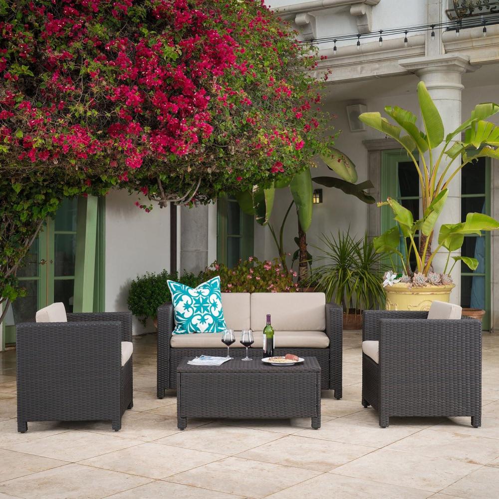image:imageChristopher Knight Home Puerta Wicker Chat Set 4 Piece BeigeDark Brown