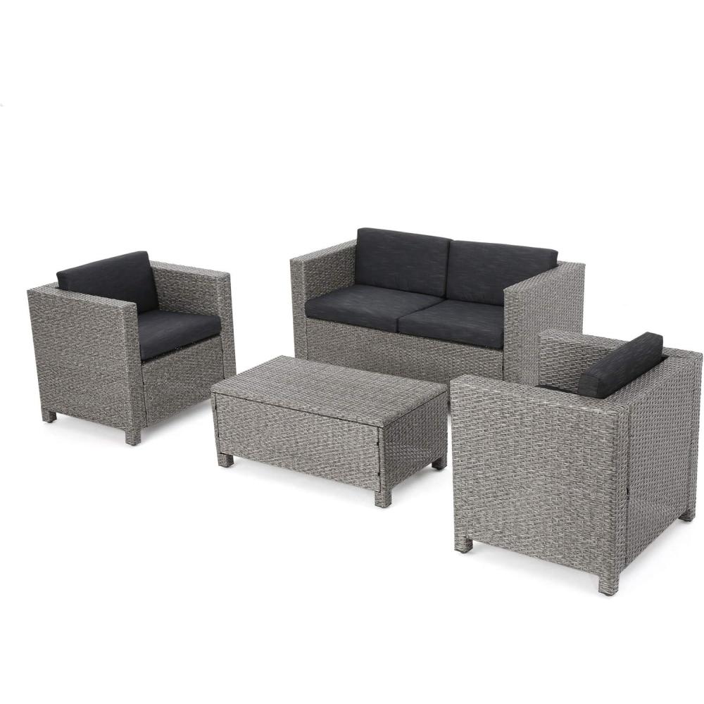 image:imageChristopher Knight Home Puerta Wicker Chat Set with Water Resistant Cushions and Set Cover 4Pcs Set Beige Mixed Black Dark Grey