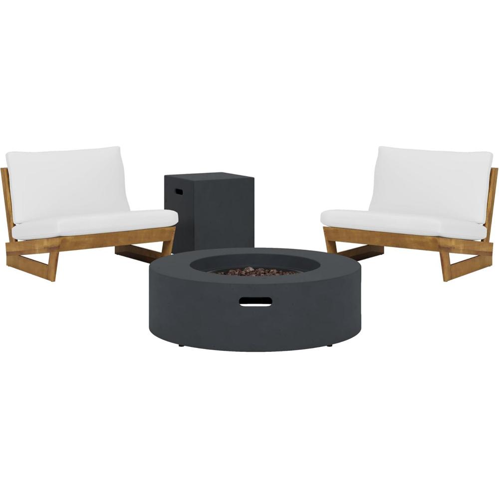 image:imageChristopher Knight Home Sherwood Acacia Wood Outdoor Lounge Chairs and 50000 BTU Circular Propane Fire Pit White Teak and Dark Gray