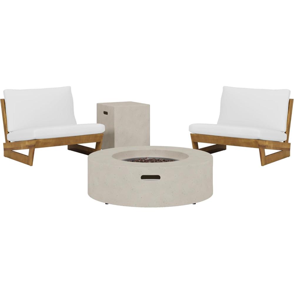 image:imageChristopher Knight Home Sherwood Acacia Wood Outdoor Lounge Chairs and 50000 BTU Circular Propane Fire Pit White Teak and Light Gray
