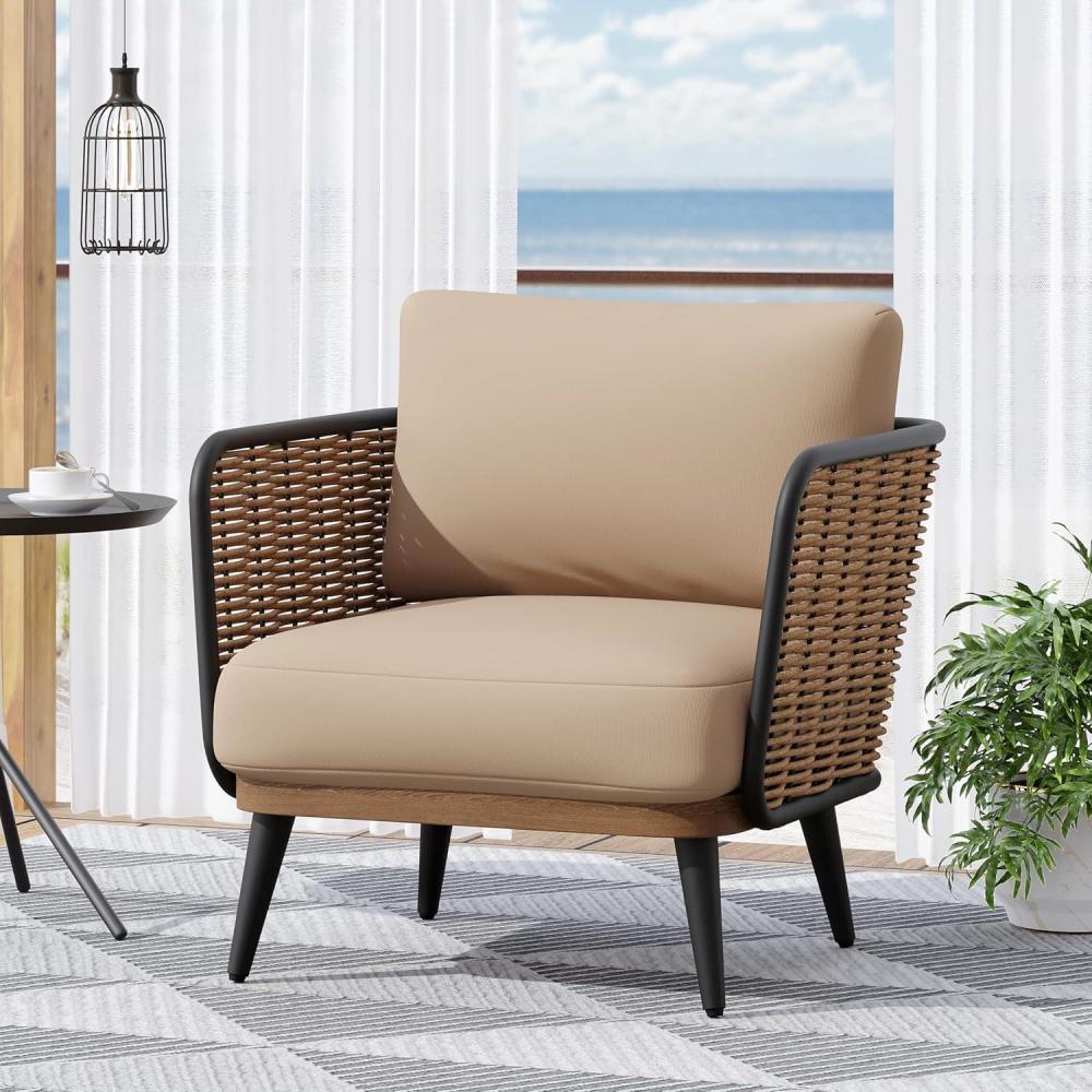 image:imageChristopher Knight Home Tobin Patio Wicker Accent Chair WaterResistant CushionOutdoor Lounge ChairWoven Faux Rattan BackrestampArmrestSturdy Metal Frame GardenBackyard ArmchairBrownBlackBeige