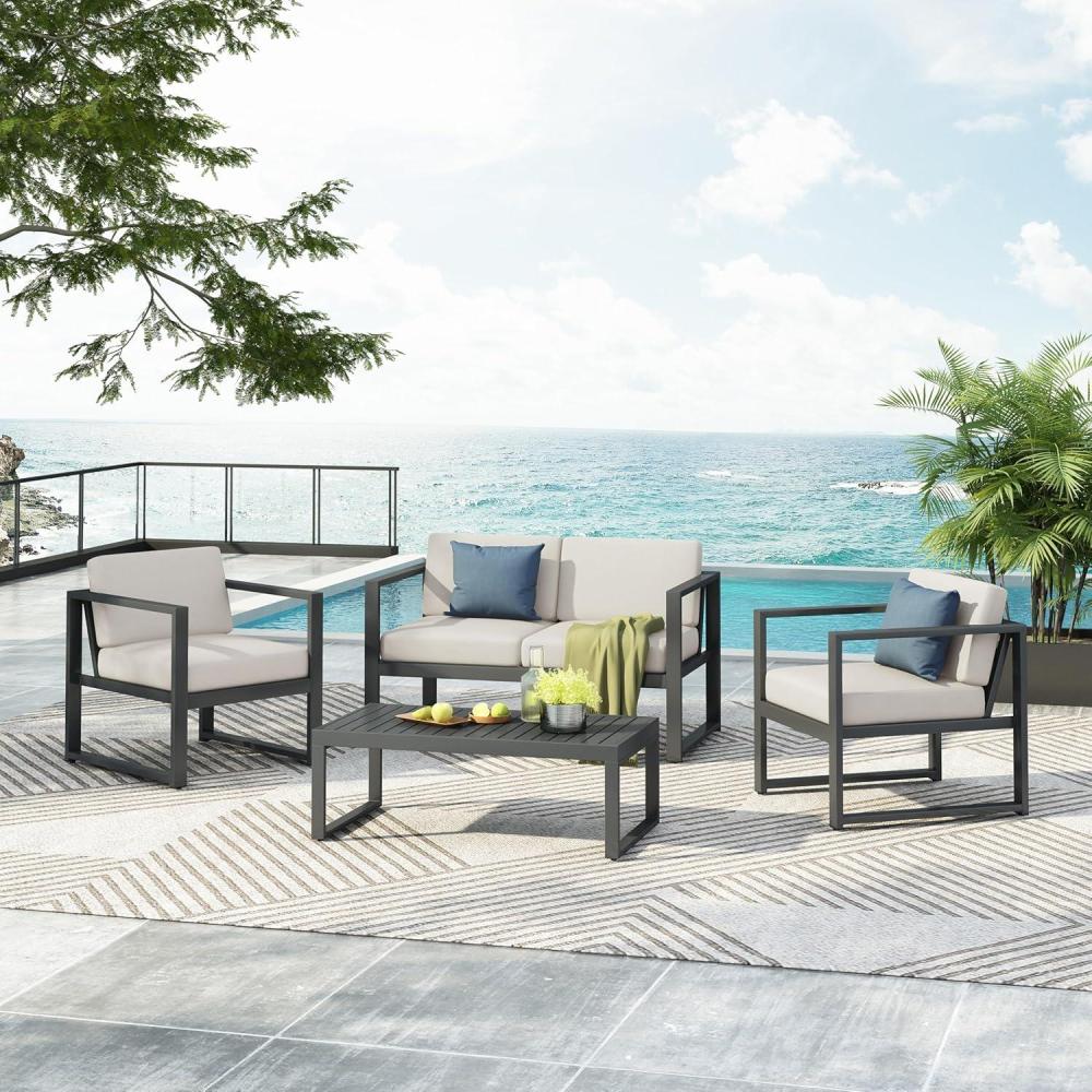 image:imageChristopher Knight Home Tundr Outdoor 4 Seater Chat Set with Coffee Table Patio Conversation Sets Sectional Aluminum Furniture Set with Cushions 2 Chairs and Loveseat Set Black Finish  Beige
